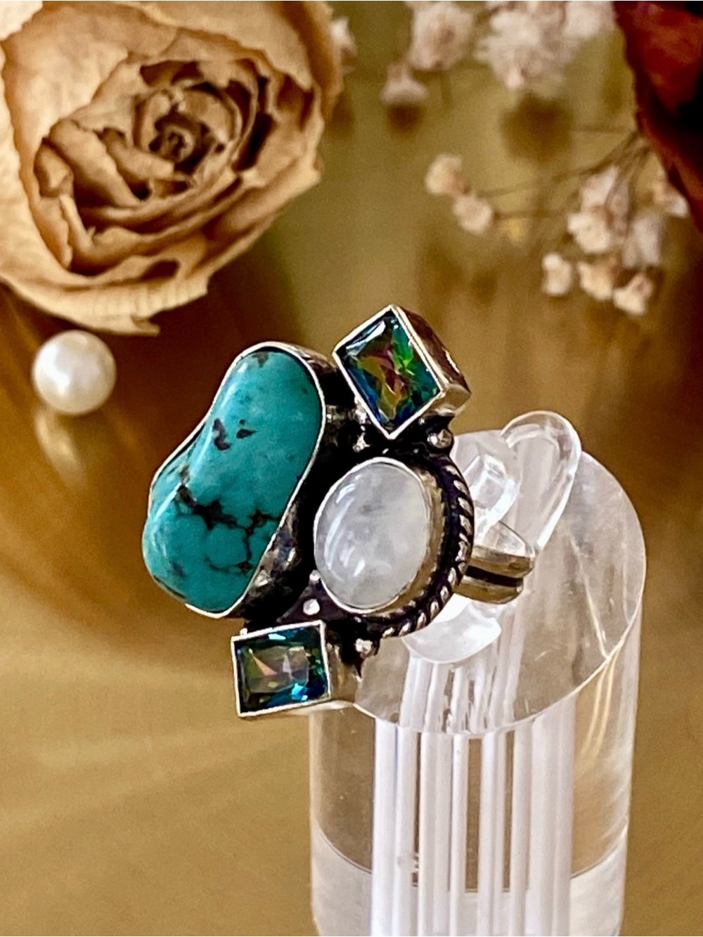 Turquoise, Moonstone And Mystic Topaz Ring Size 7